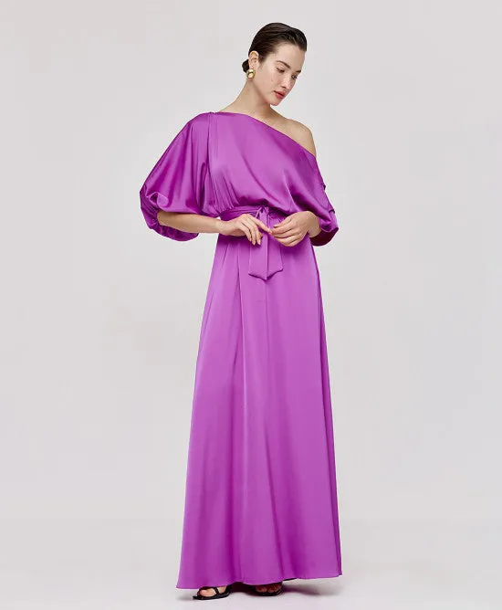 Access Fashion Violet Satin Dress With Asymmetric Sleeves