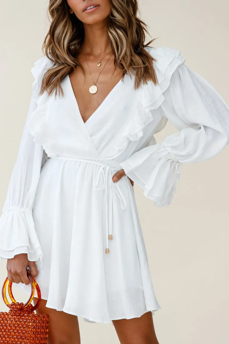 Adina Fluted Long Sleeve Frill Detail Dress White