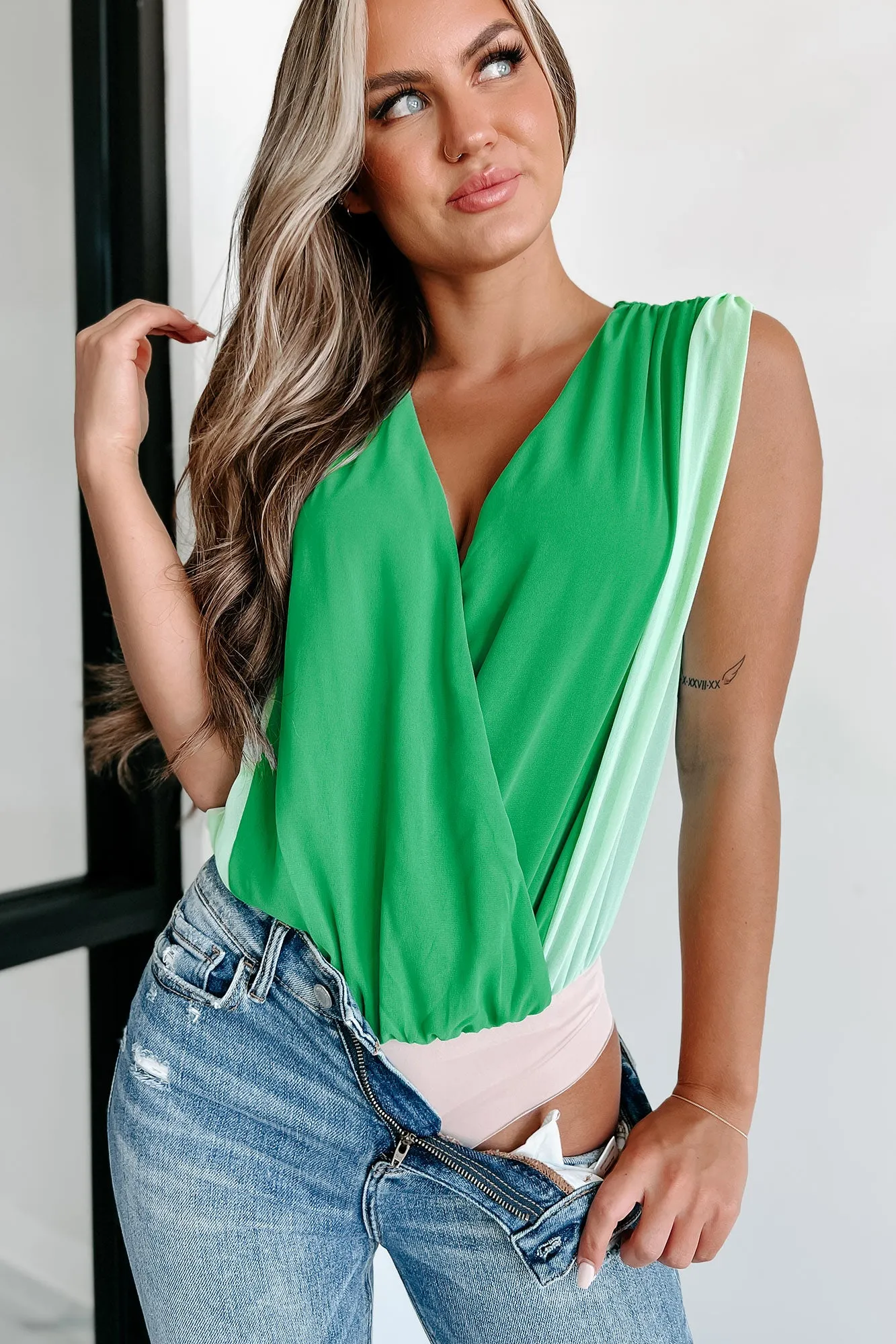 Adriel Colorblock Chiffon Bodysuit (Green/Light Green)