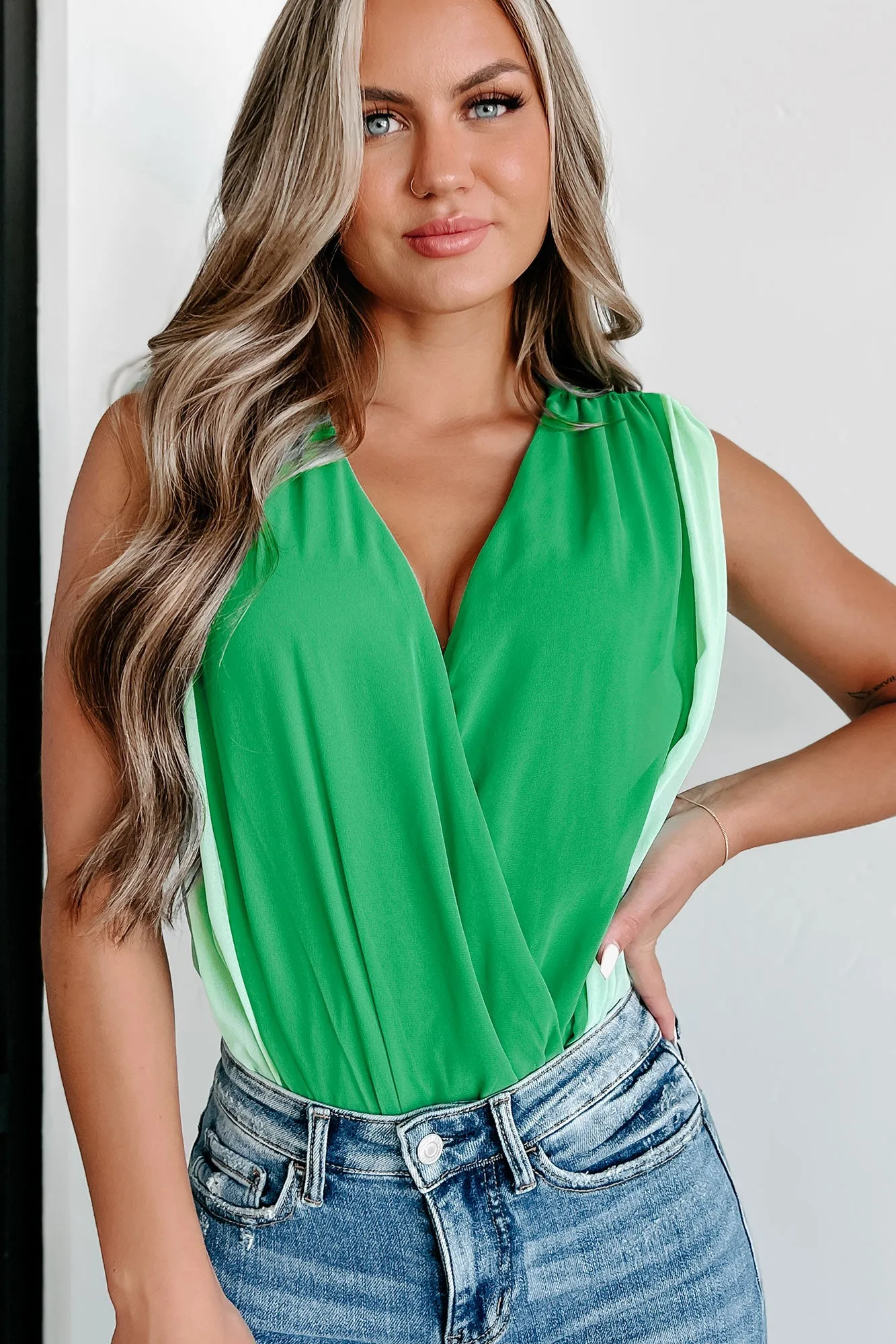 Adriel Colorblock Chiffon Bodysuit (Green/Light Green)