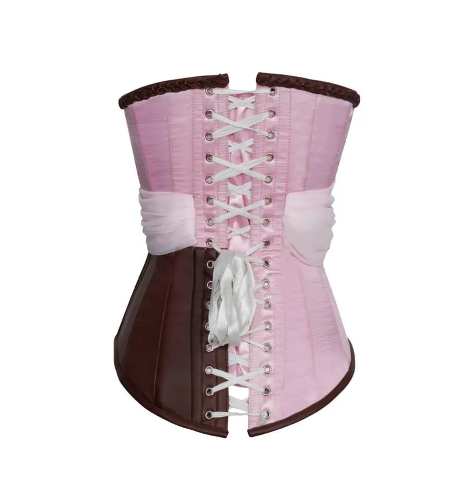 Adrion Pink Satin & Faux Leather Braided Trimming Corset