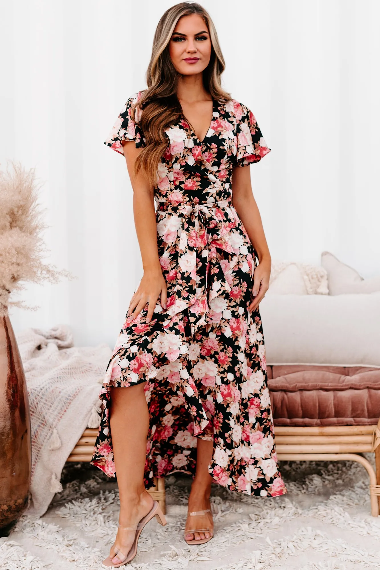 Alluring Elegance High-Low Floral Midi Dress (Black/Multi)