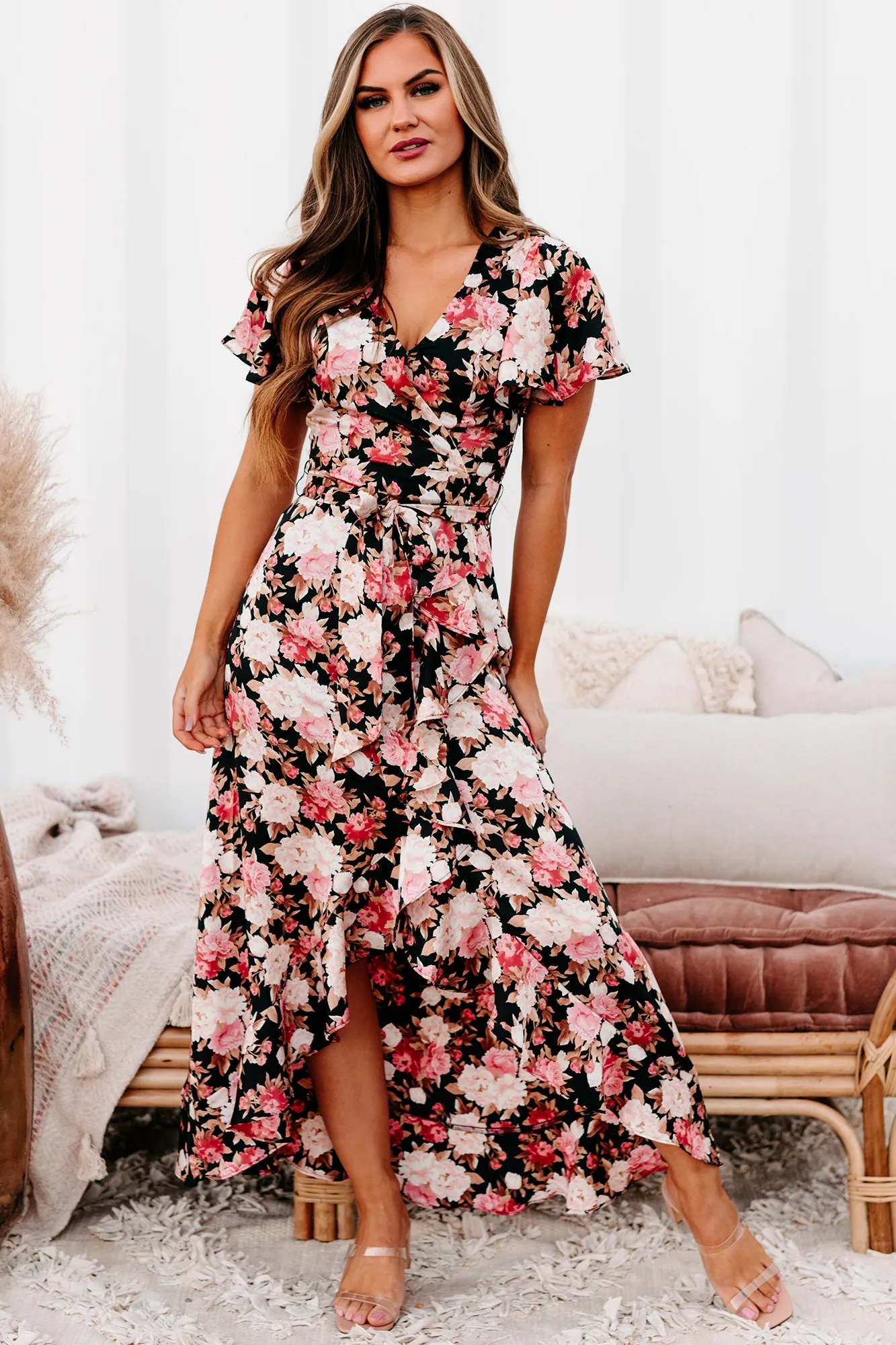 Alluring Elegance High-Low Floral Midi Dress (Black/Multi)