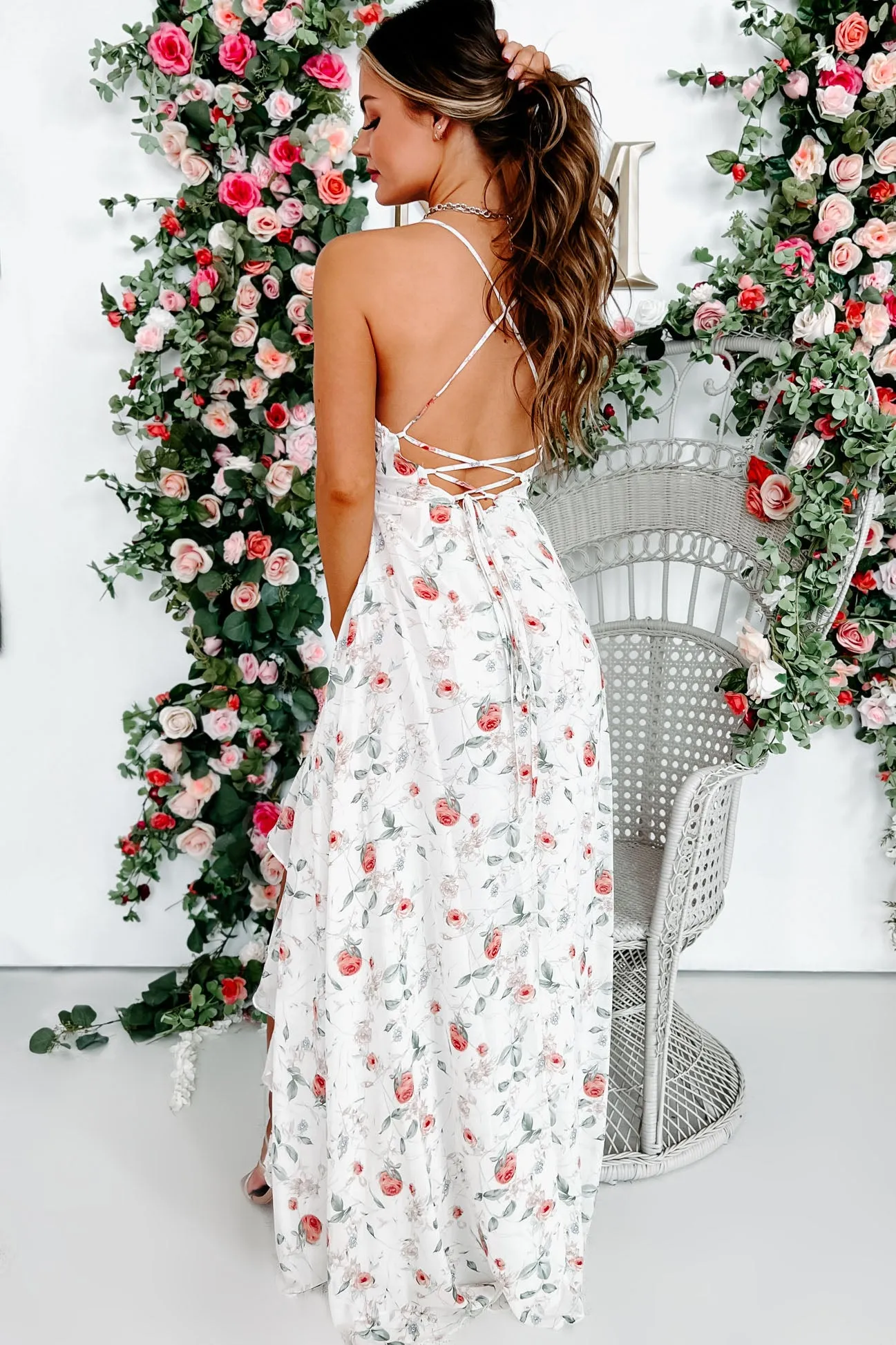 Always Elegant Ruffled Floral Maxi Dress (White)