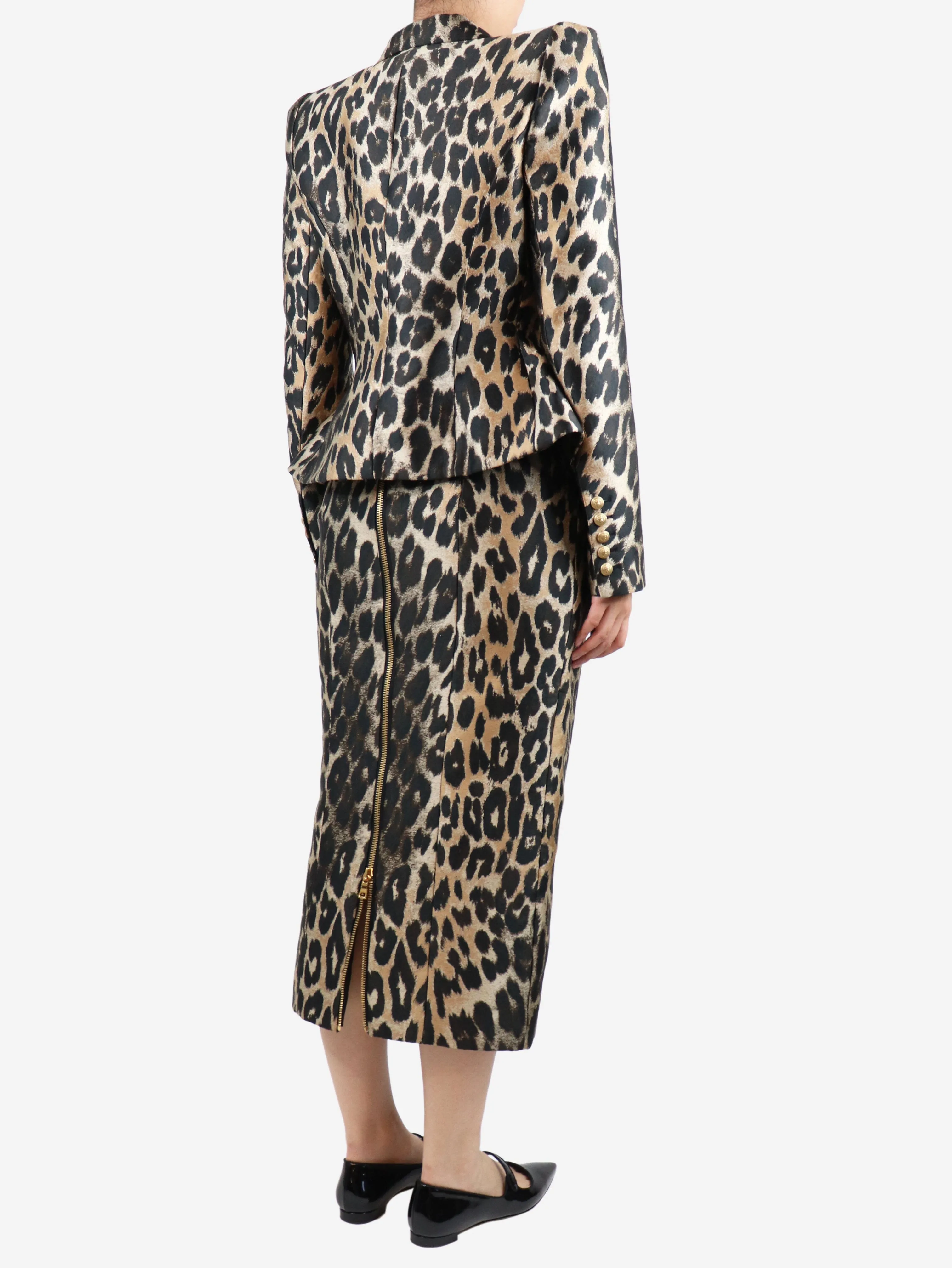 Animal Print Leopard-print peak-lapel woven blazer and skirt set - size UK 12