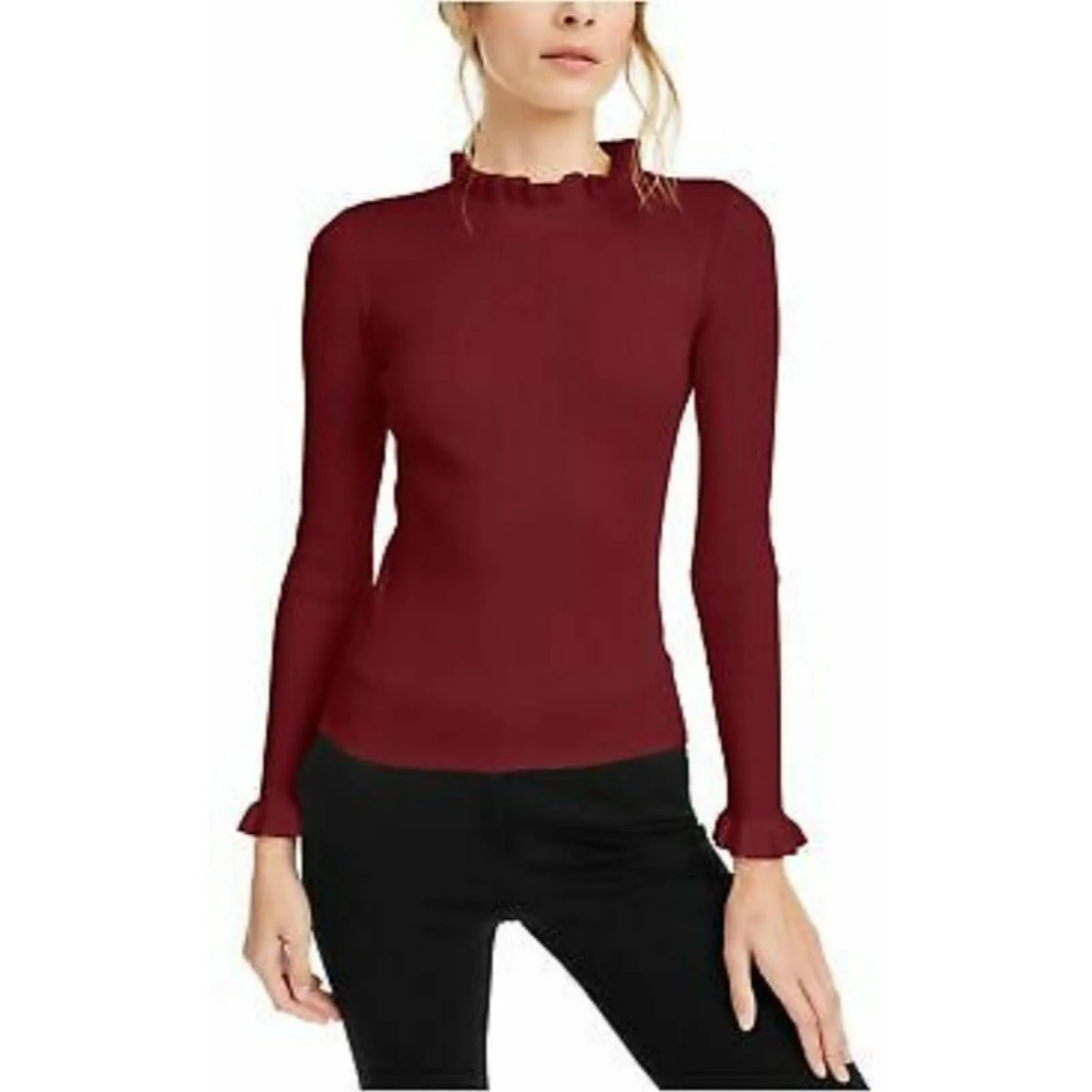 Anne Klein Ruffle Trim Ribbed Sweater Titian Red L