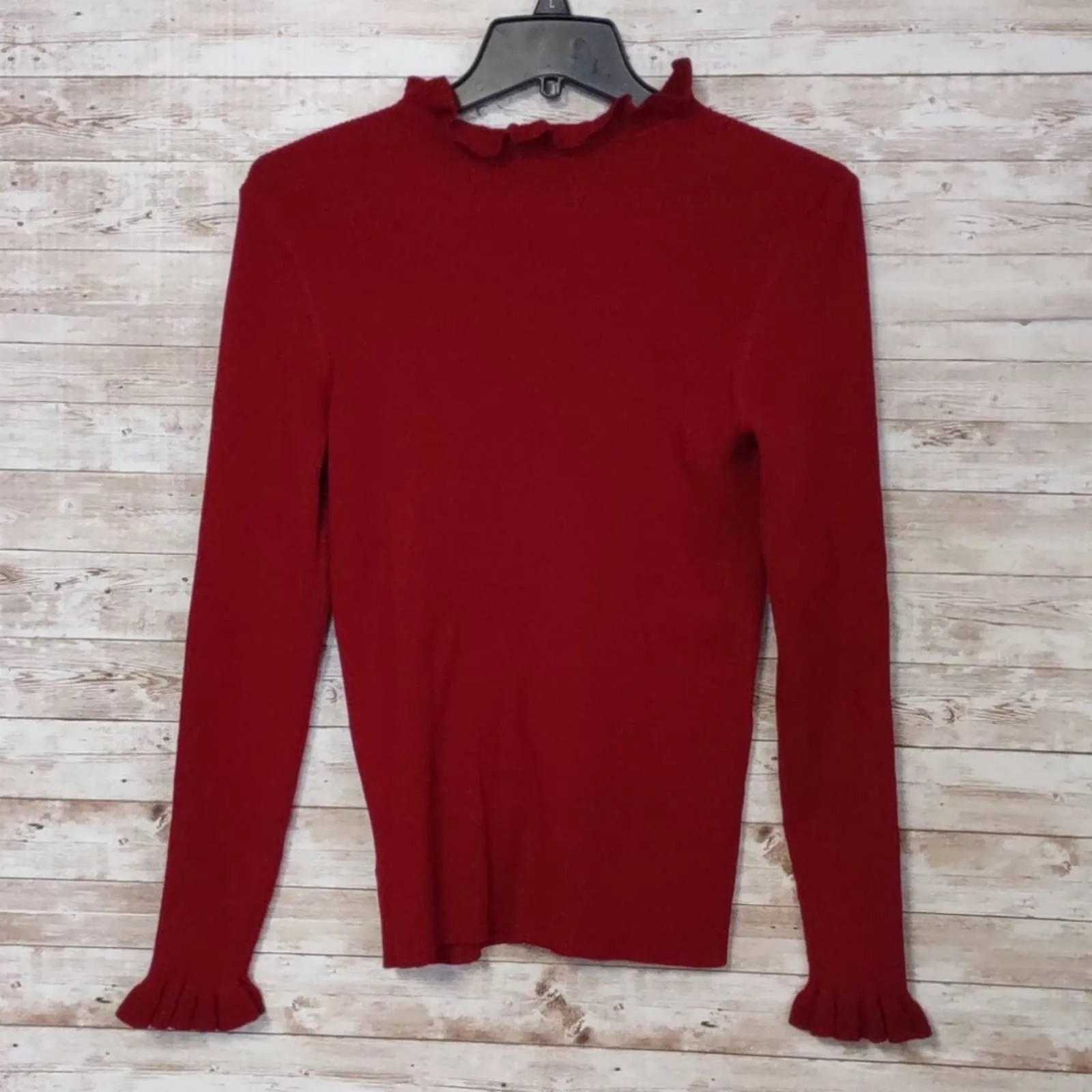 Anne Klein Ruffle Trim Ribbed Sweater Titian Red L