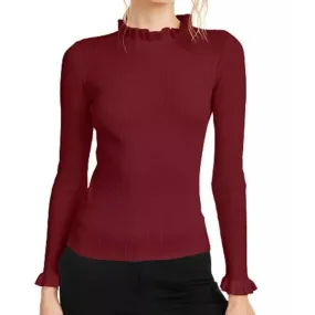 Anne Klein Ruffle Trim Ribbed Sweater Titian Red L