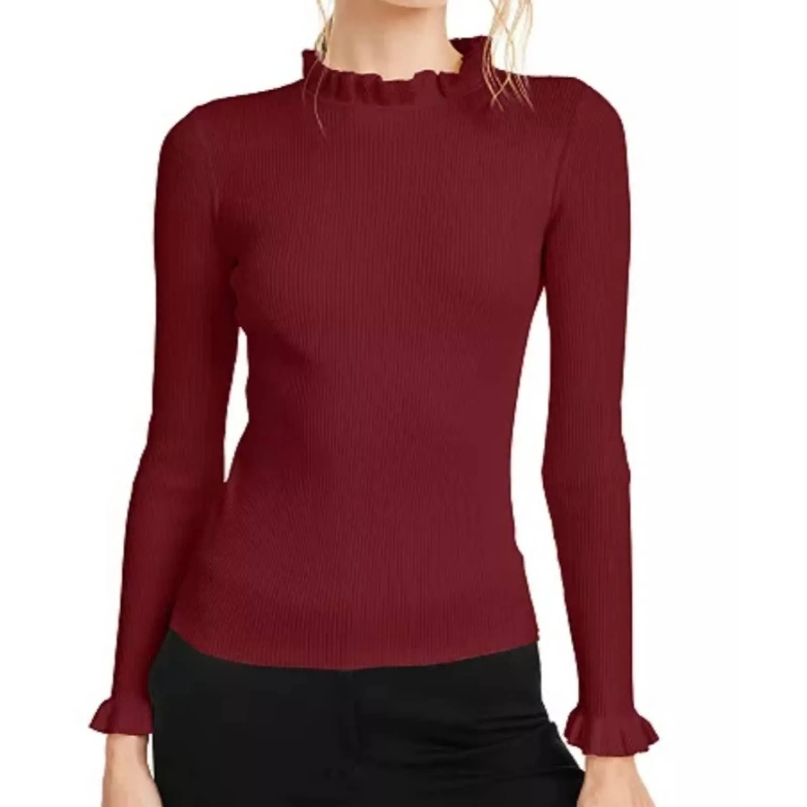 Anne Klein Ruffle Trim Ribbed Sweater Titian Red L