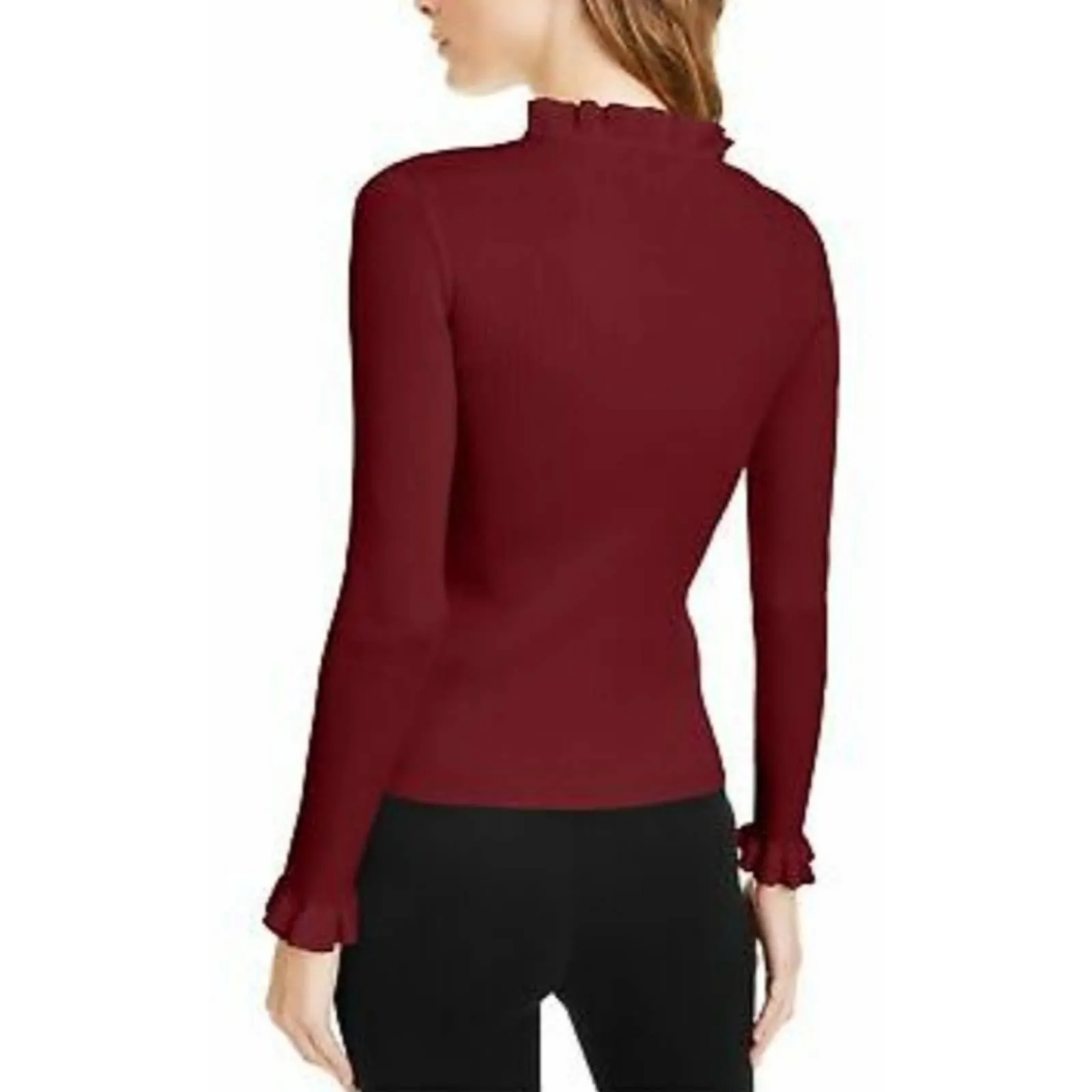 Anne Klein Ruffle Trim Ribbed Sweater Titian Red L