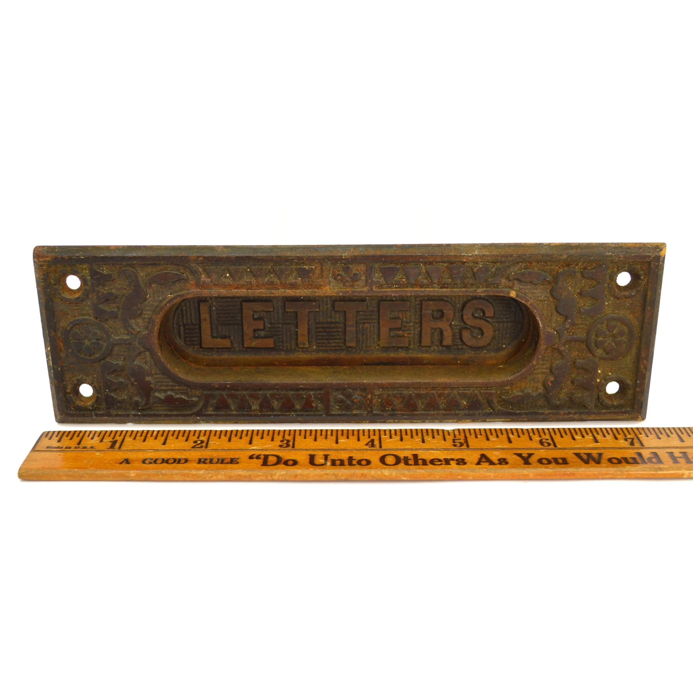 Antique SALVAGED DOOR HARDWARE Cast Iron "LETTERS" PASS-THRU SLOT Ornate PATINA!