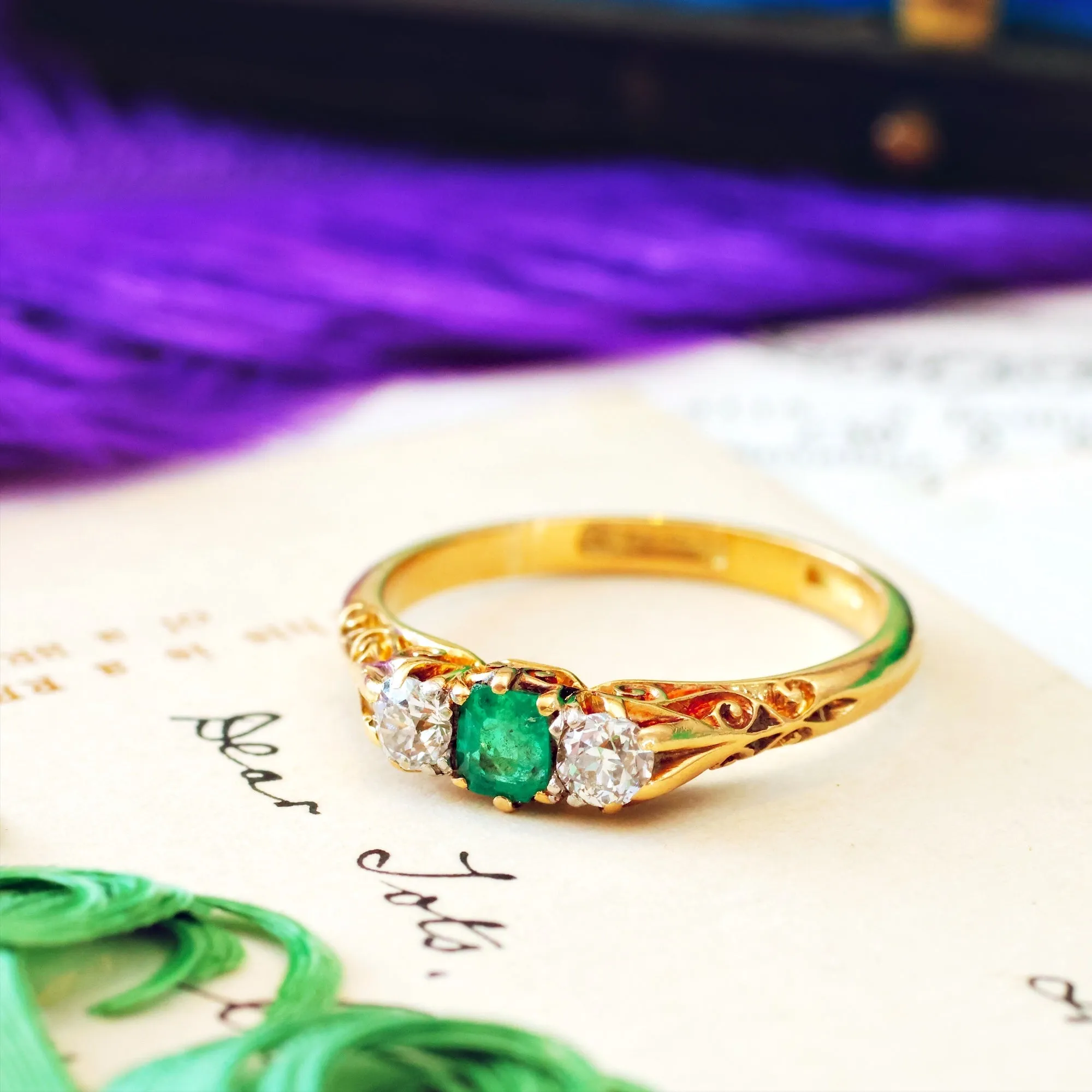 Antique Victorian Emerald & Diamond Trilogy Engagement Ring