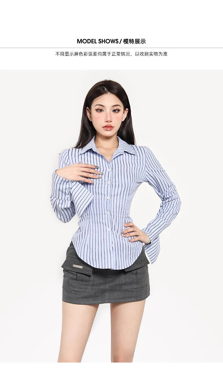 Asia Stripe Blue Slim Button Up Long Sleeve Fitted Top