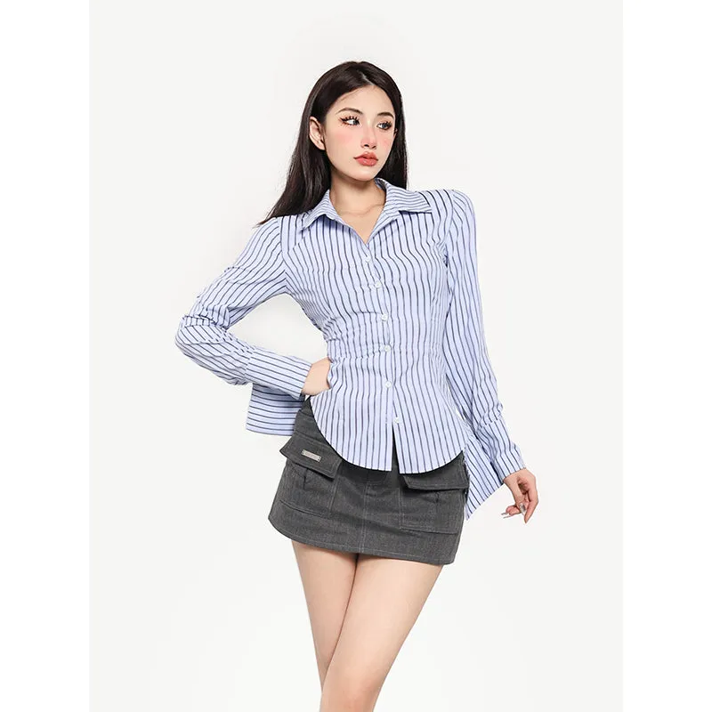 Asia Stripe Blue Slim Button Up Long Sleeve Fitted Top