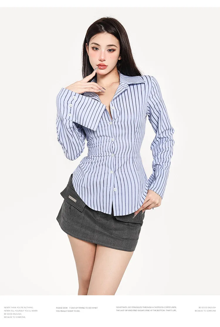 Asia Stripe Blue Slim Button Up Long Sleeve Fitted Top