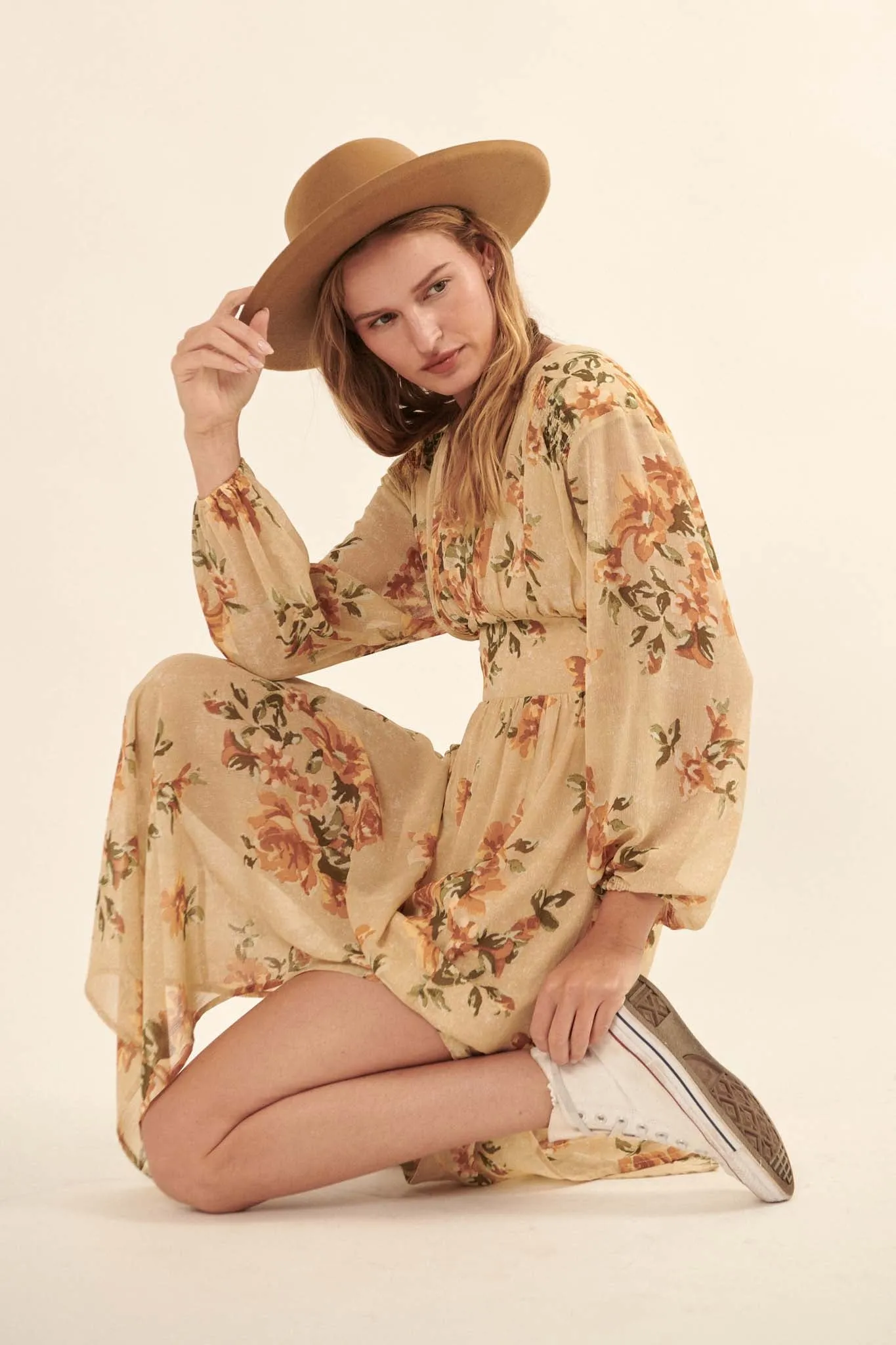 Autumn Enchantment Floral Chiffon Maxi Dress