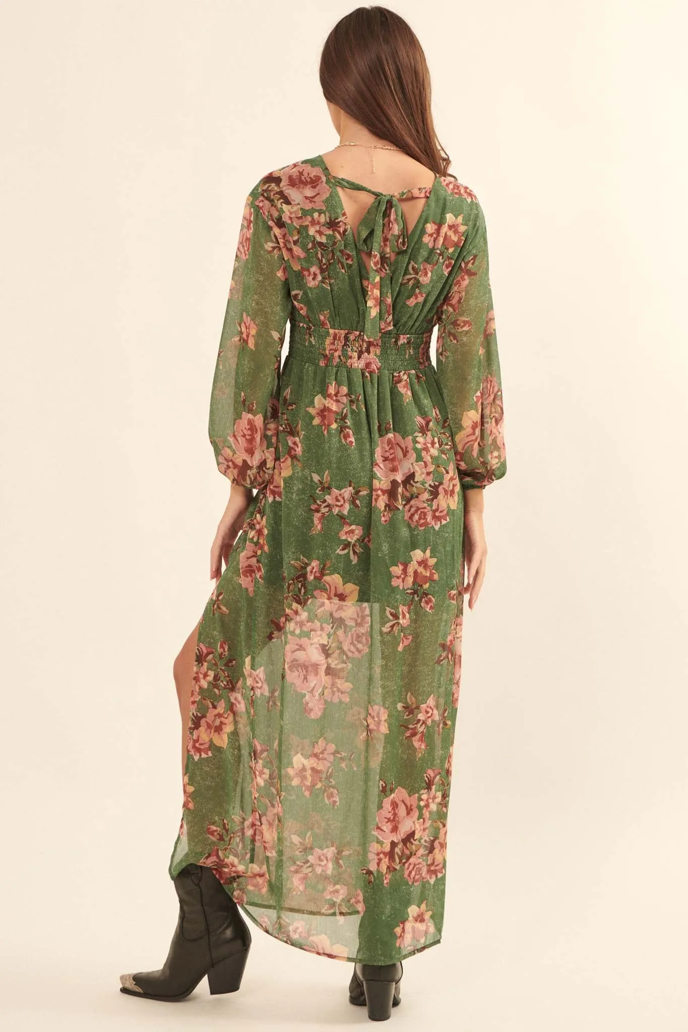 Autumn Enchantment Floral Chiffon Maxi Dress