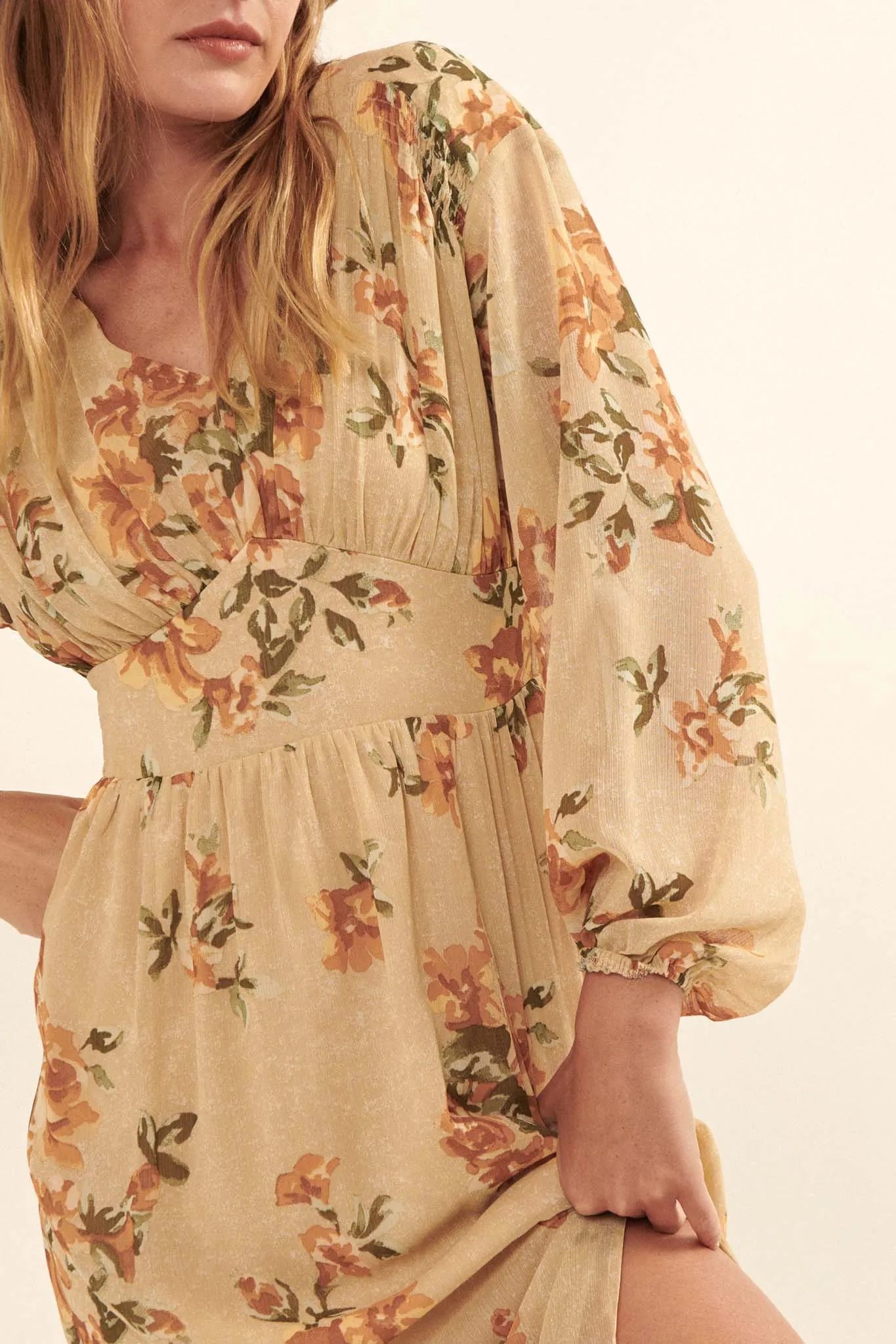 Autumn Enchantment Floral Chiffon Maxi Dress