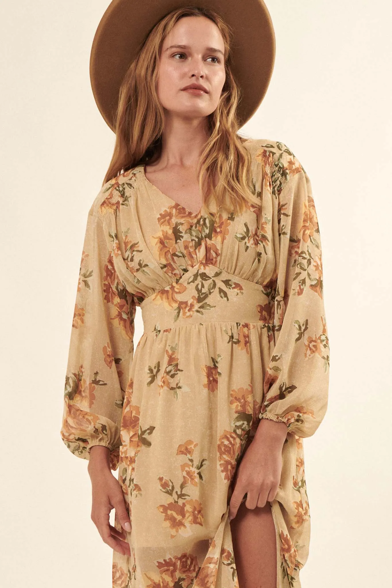 Autumn Enchantment Floral Chiffon Maxi Dress