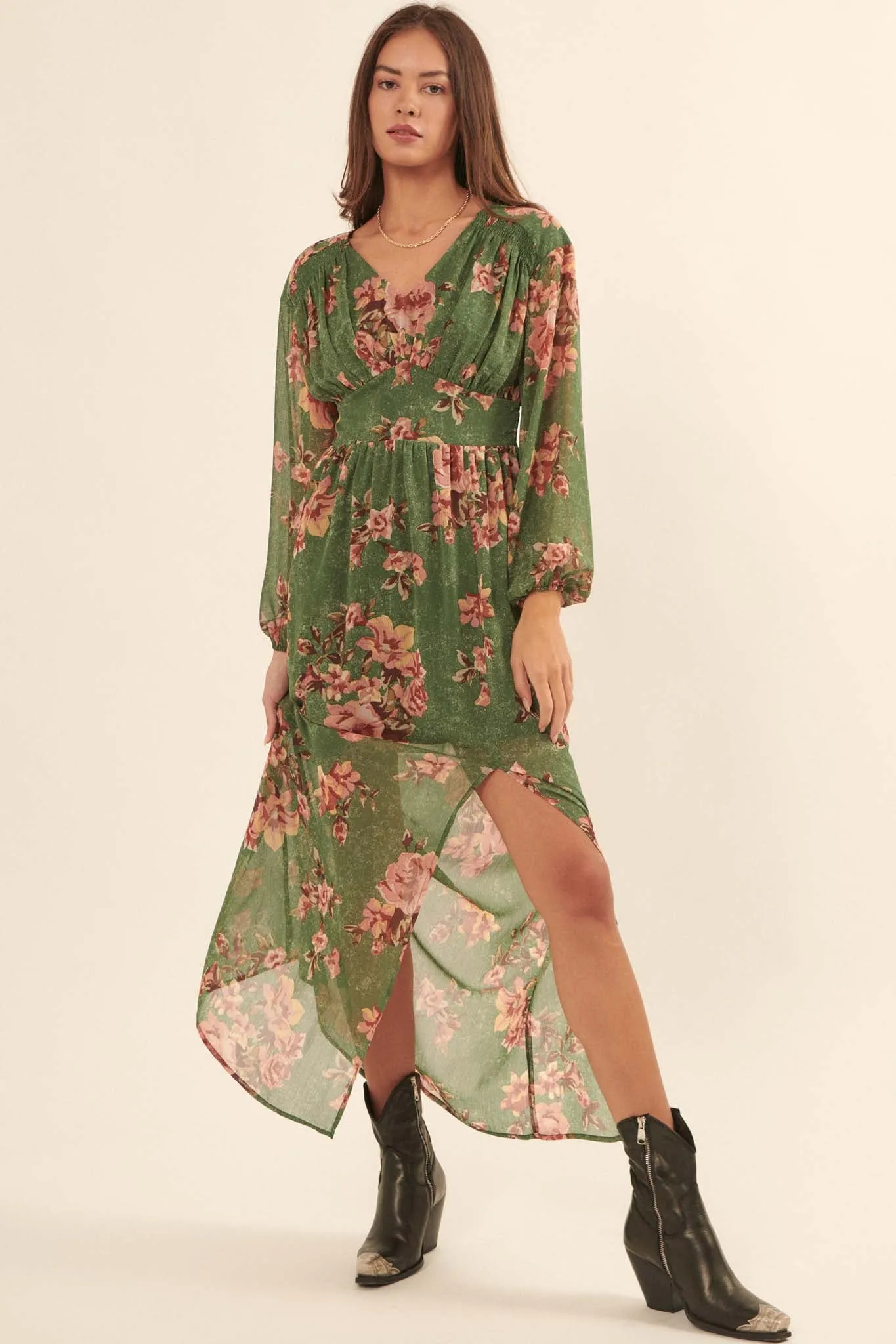 Autumn Enchantment Floral Chiffon Maxi Dress