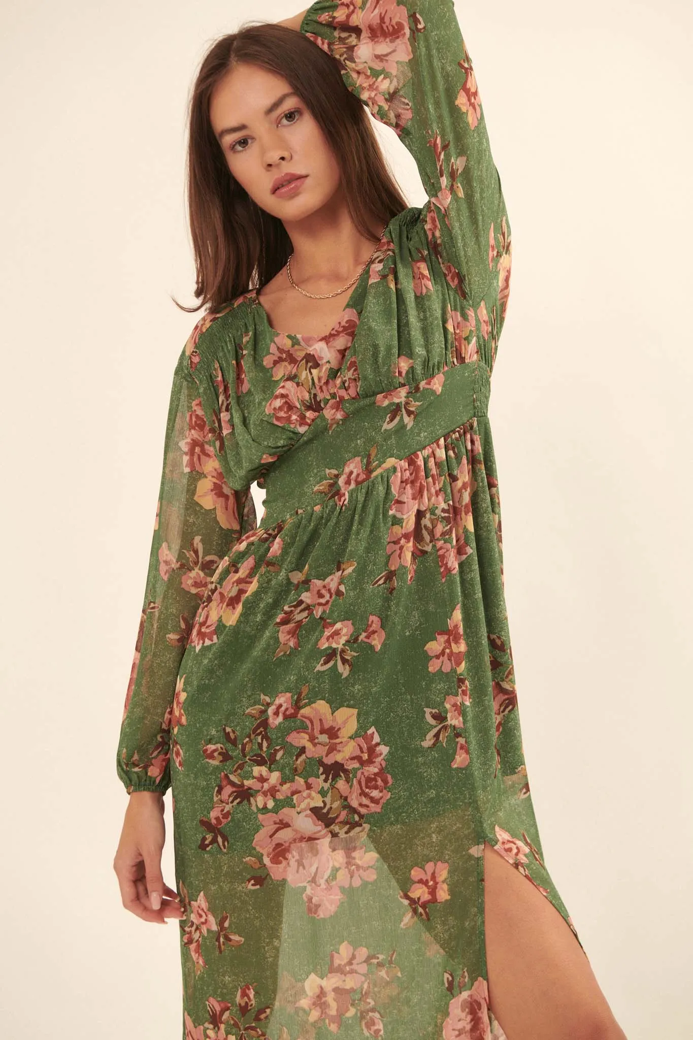 Autumn Enchantment Floral Chiffon Maxi Dress