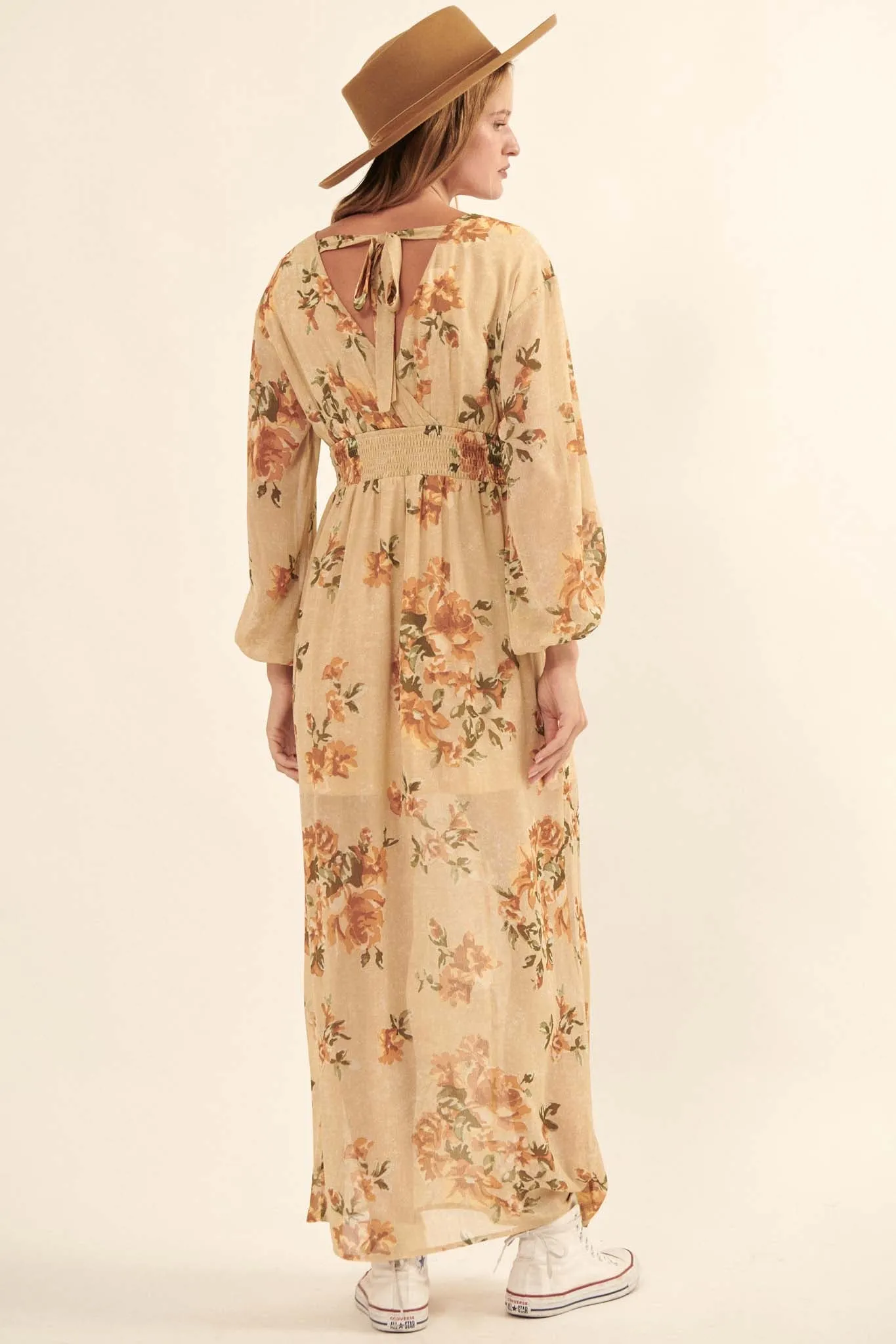 Autumn Enchantment Floral Chiffon Maxi Dress