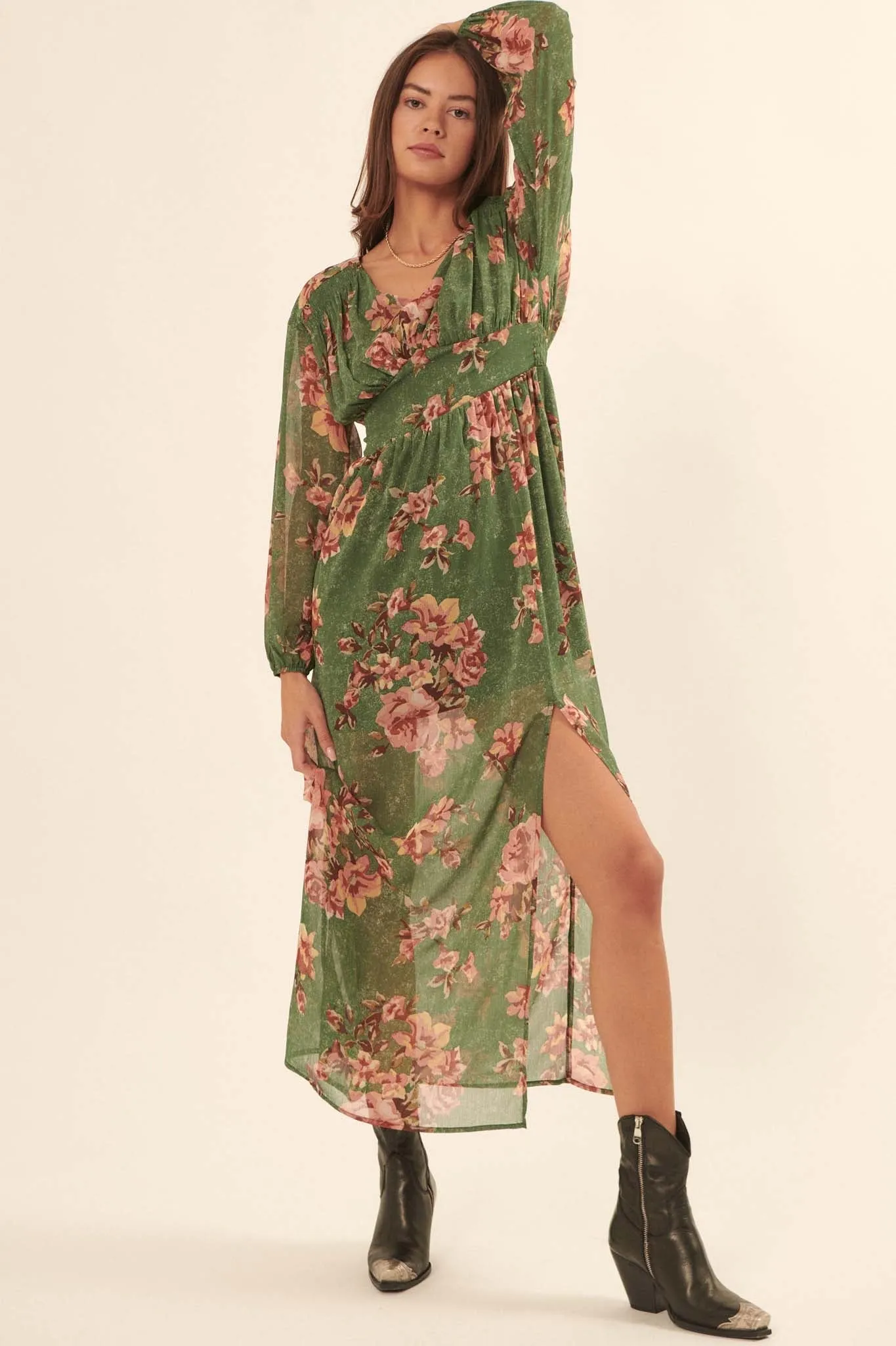 Autumn Enchantment Floral Chiffon Maxi Dress