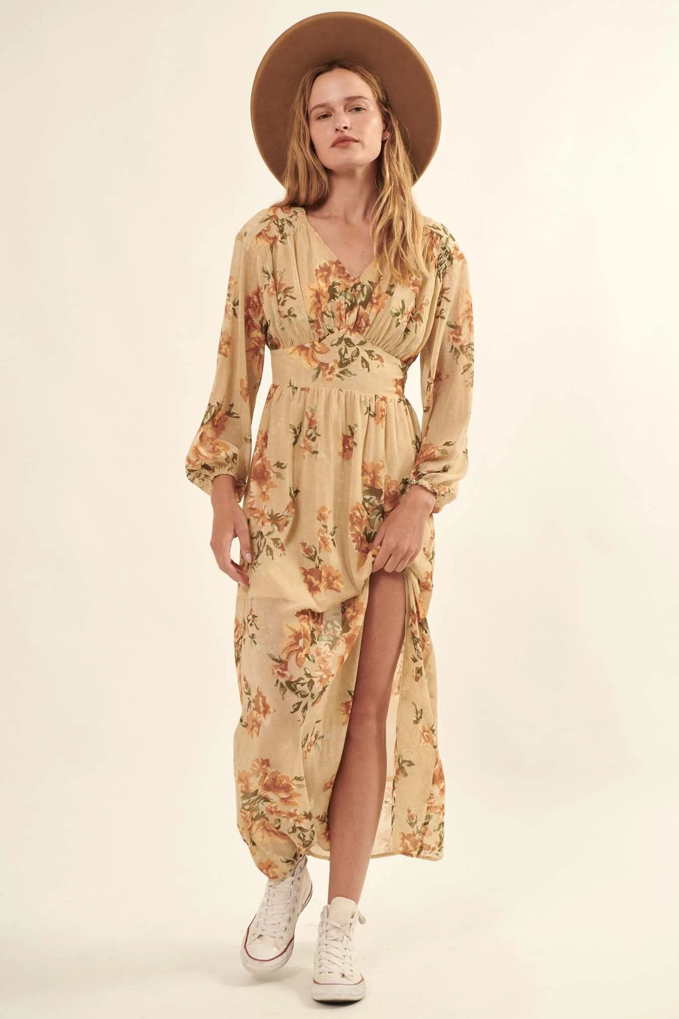 Autumn Enchantment Floral Chiffon Maxi Dress