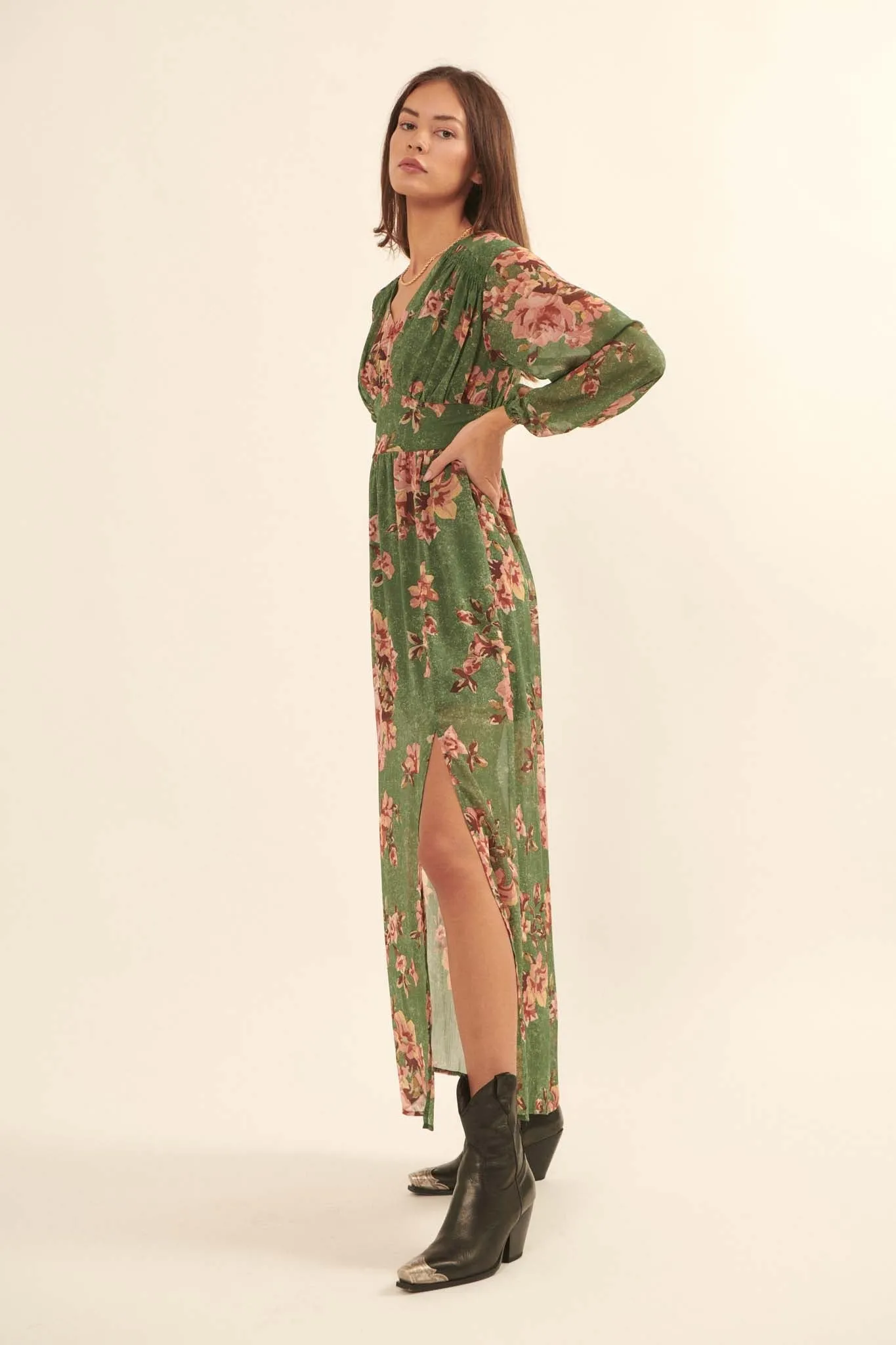 Autumn Enchantment Floral Chiffon Maxi Dress