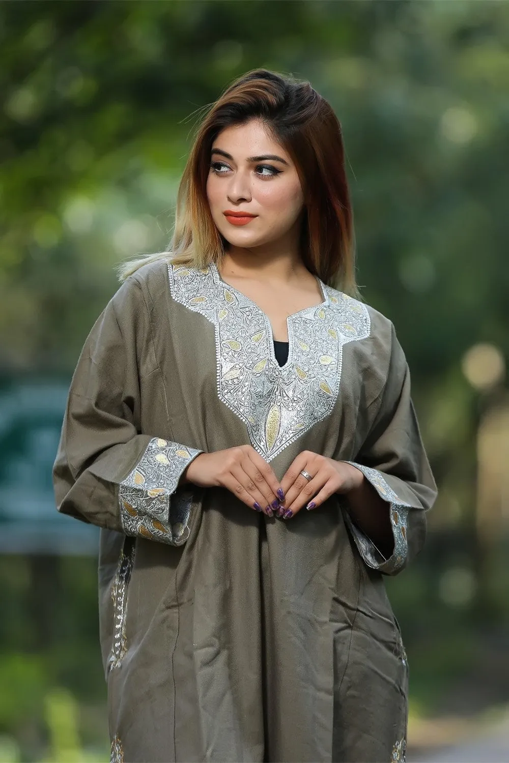 Beige Color Kashmiri  Work Embroidered Phiran Enriched With Zari Neckline Pattern