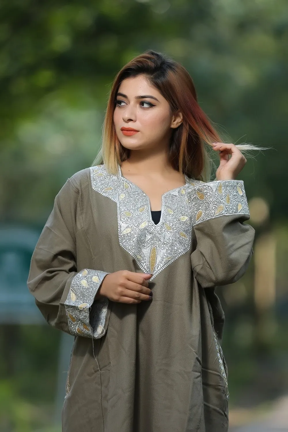 Beige Color Kashmiri  Work Embroidered Phiran Enriched With Zari Neckline Pattern