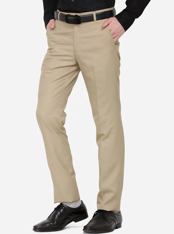 Beige Solid Slim Fit Formal Trouser | Greenfibre