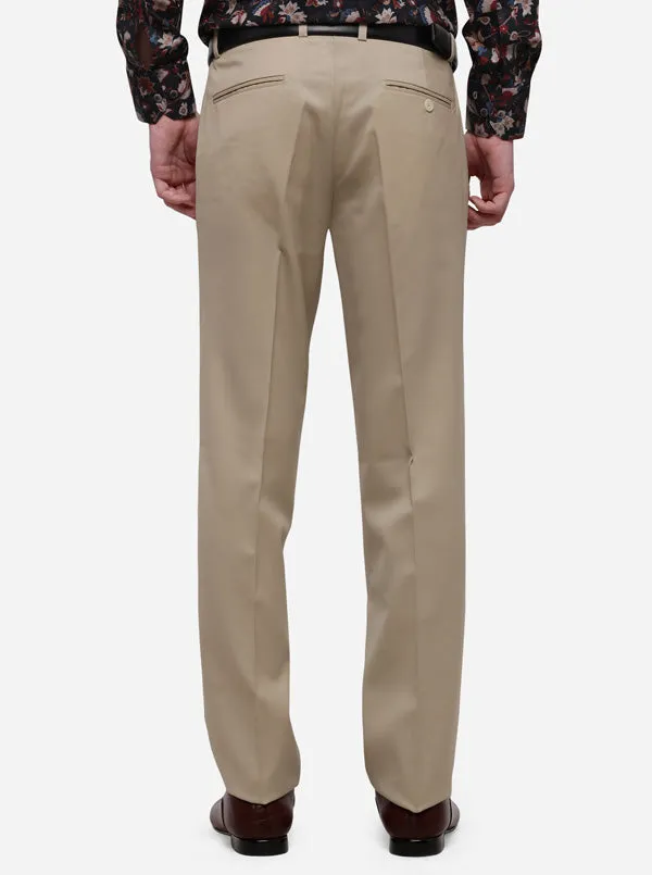 Beige Solid Slim Fit Formal Trouser | Metal