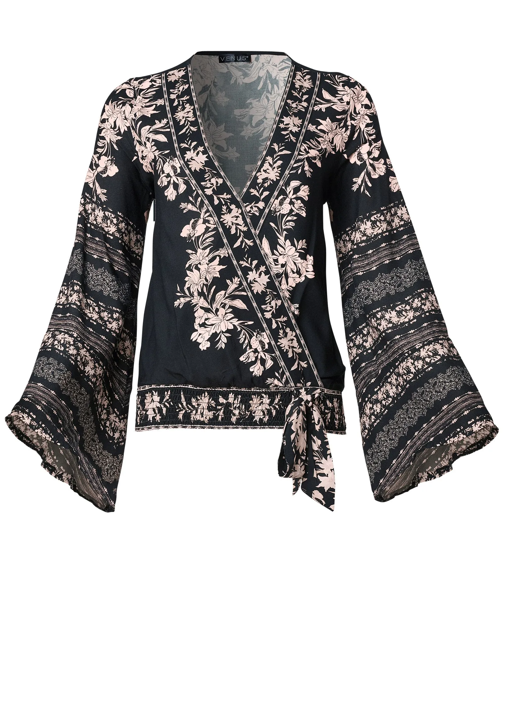 Bell Sleeve Print Wrap Top - Black Multi