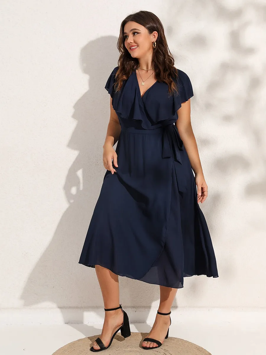 BerriesJam - 2024 Plus Size V-Neck Solid Ruffle Sleeve Belted Wrap Dress