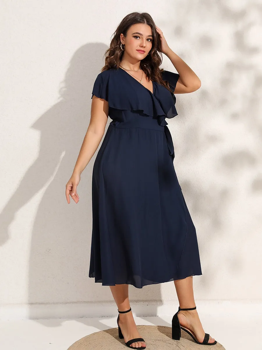 BerriesJam - 2024 Plus Size V-Neck Solid Ruffle Sleeve Belted Wrap Dress