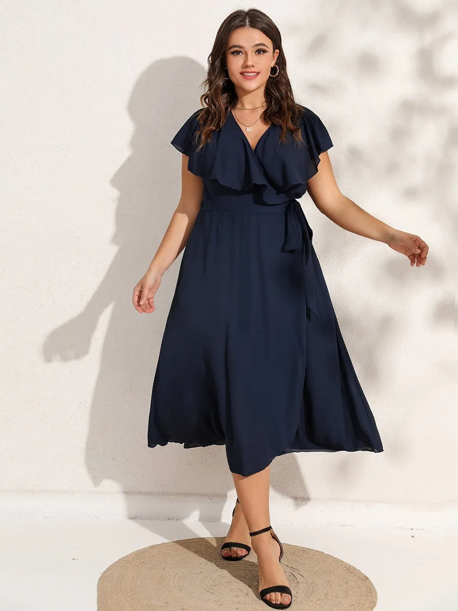 BerriesJam - 2024 Plus Size V-Neck Solid Ruffle Sleeve Belted Wrap Dress