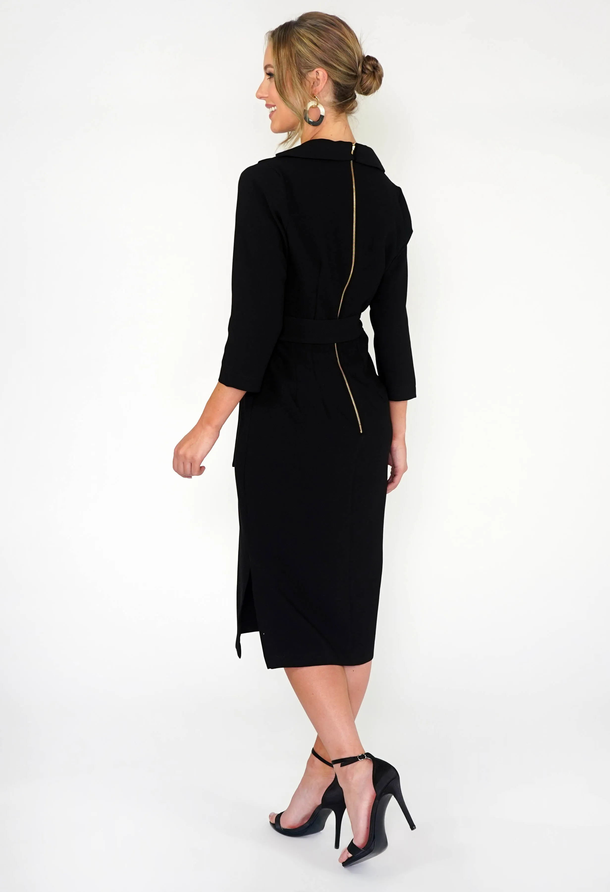 BLACK 3/4 SLEEVE PENCIL DRESS