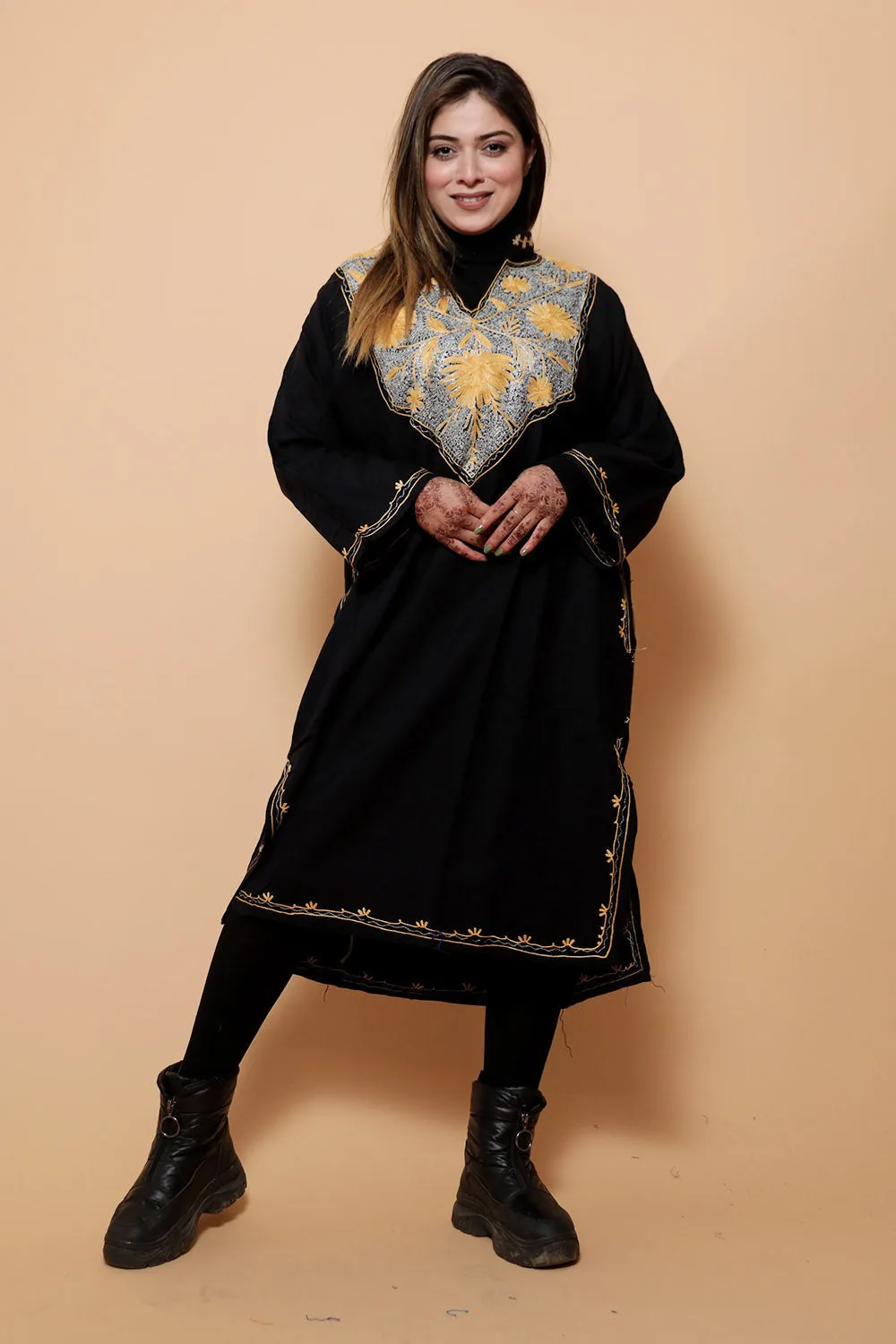 Black Color Kashmiri  Work Embroidered Phiran Enriched With Zari Neckline Pattern