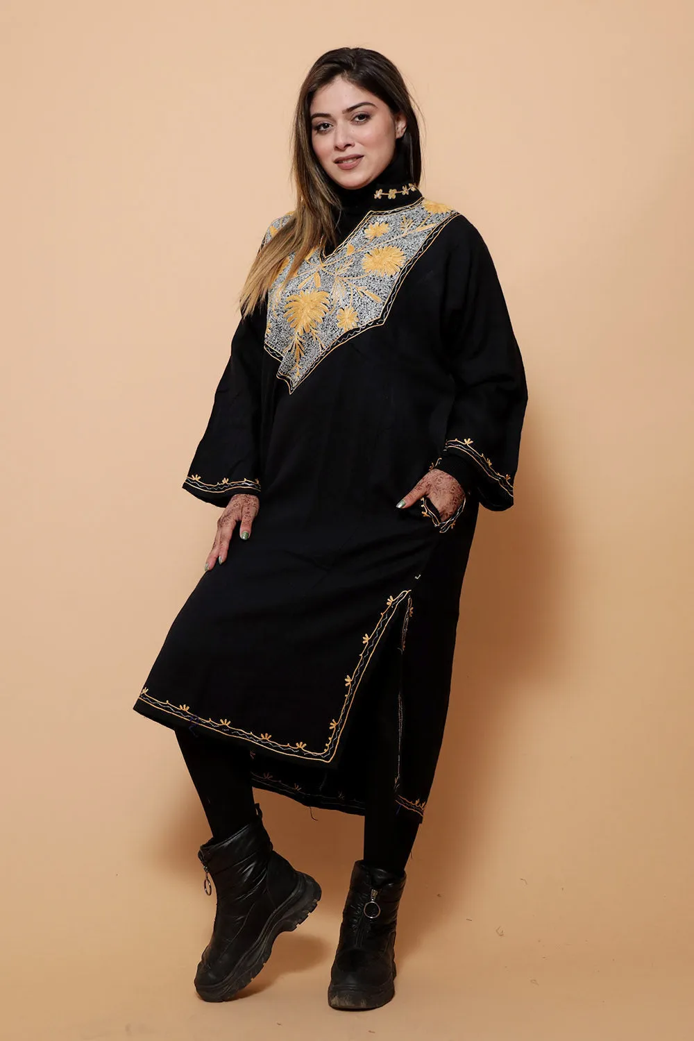 Black Color Kashmiri  Work Embroidered Phiran Enriched With Zari Neckline Pattern