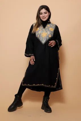 Black Color Kashmiri  Work Embroidered Phiran Enriched With Zari Neckline Pattern