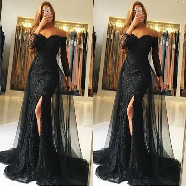 Black Lace Mermaid Sweetheart Long Sleeve Prom Dresses with Sweep Train, M322