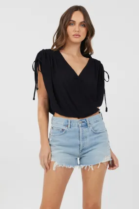 Black Rayon Crinkle Surplice Top