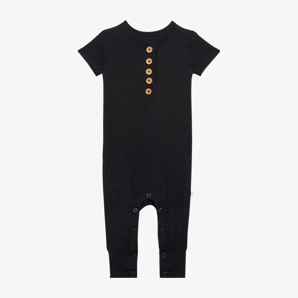 Black Ribbed Short Sleeve Henley Romper