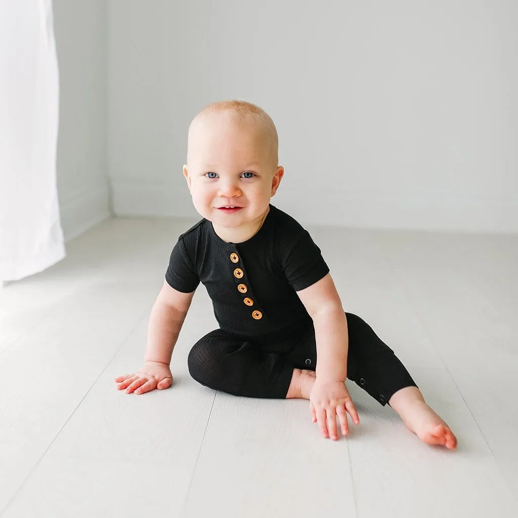 Black Ribbed Short Sleeve Henley Romper