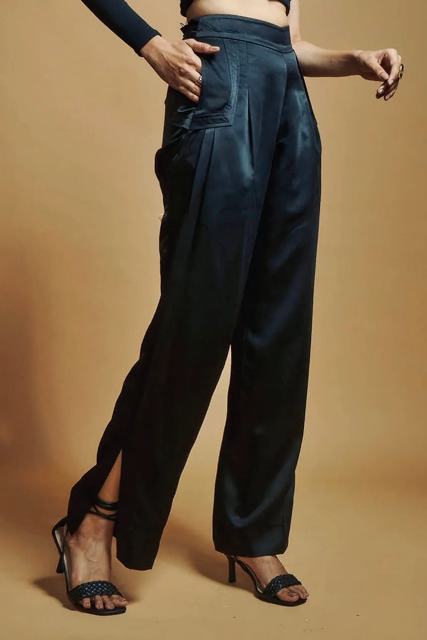 Black Satin Pleated Pants