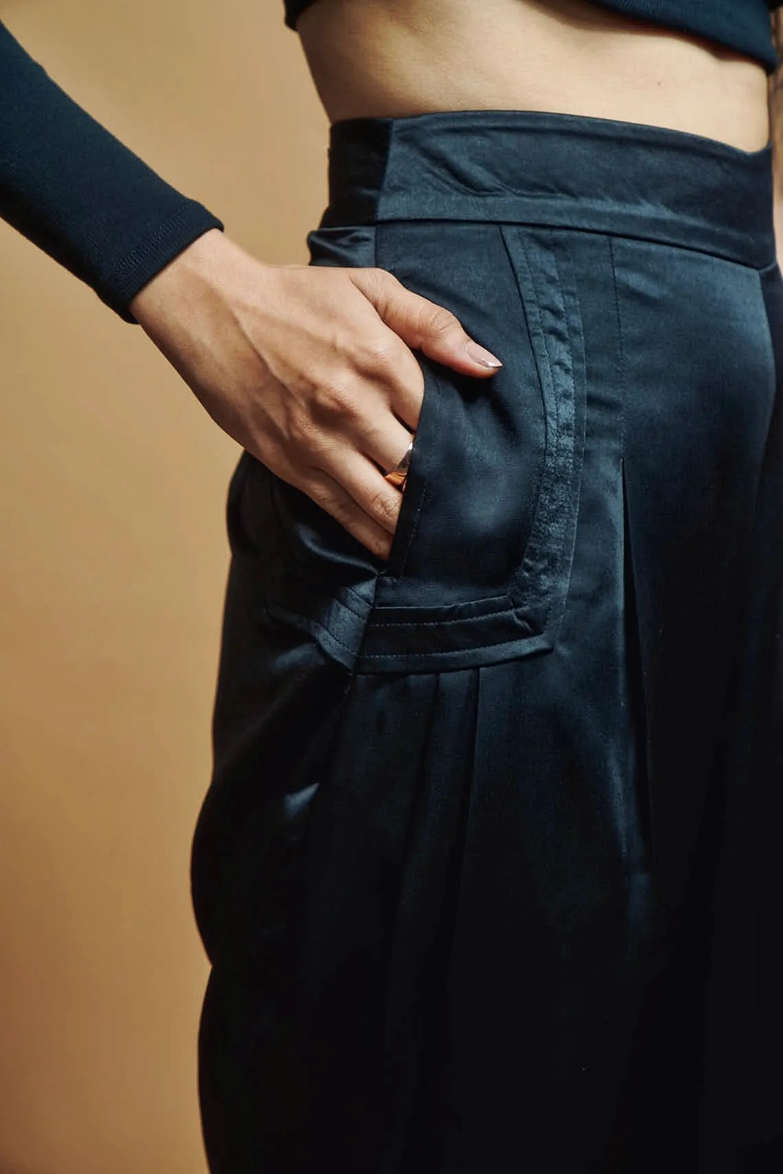 Black Satin Pleated Pants