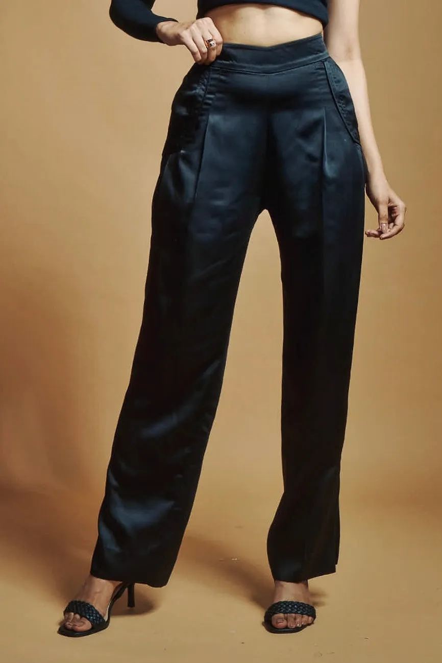 Black Satin Pleated Pants