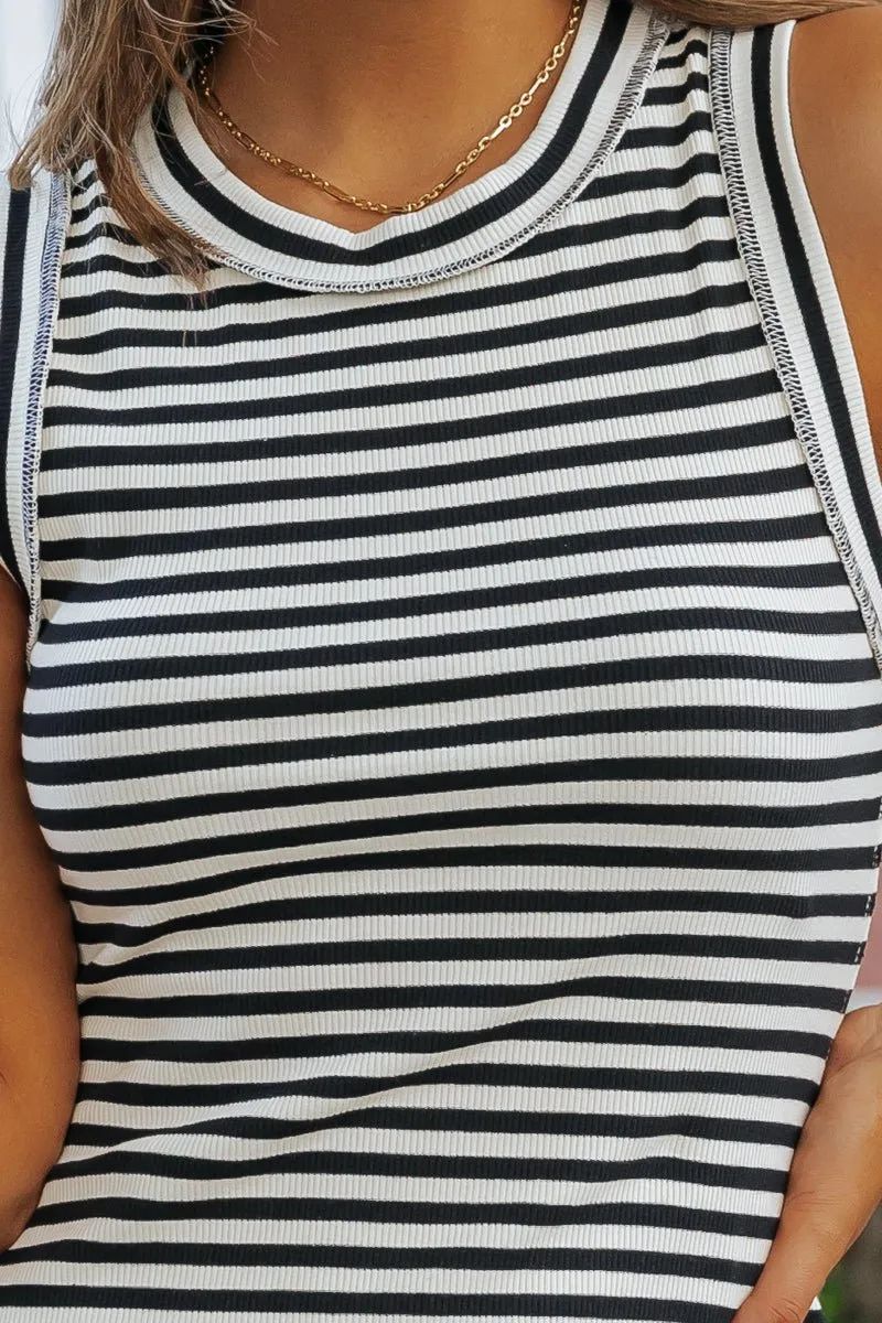 Black Stripe Round Hem Tank Top