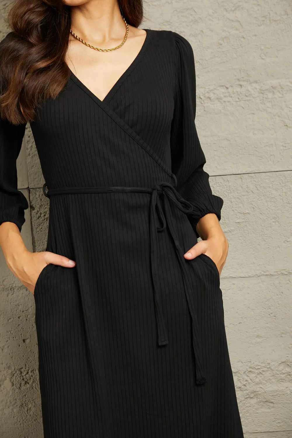 Black Surplice Midi Dress